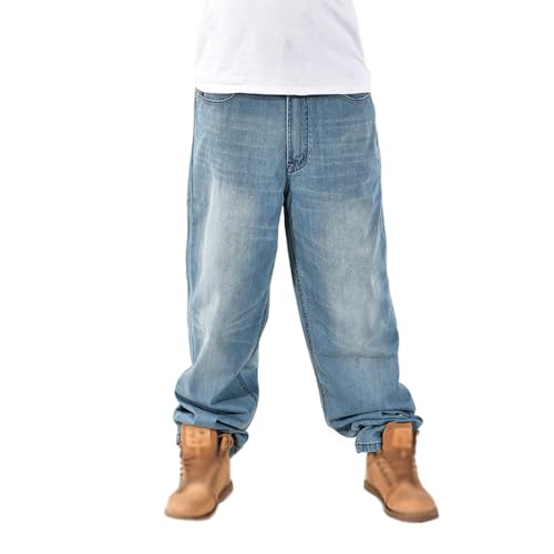 HHuiXinXue Skate-Hosen Herren Große Größen Baggy Jeans Wide Leg Pants Straight Leg Wasserwäsche Distressed Jeanshose Streetwear (Blau,6XL) von HHuiXinXue