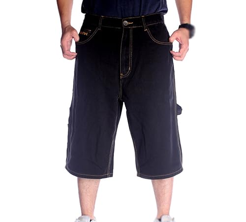 Herren Große Größen Denim Caprihose Straight Baggy Hip Hop Skaterhosen Kurzes Jeans Streetwear Trend (Schwarz,M) von HHuiXinXue