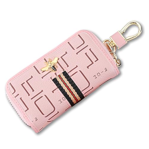 HIAHXC Auto Schlüsseletui Leder Schlüsseltasche mit Metallhaken Und Schlüsselring Reißverschlusstasche Autoschlüssel Hülle für Männer Und Frauen (Rosa) von HIAHXC