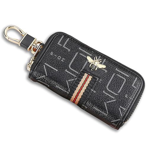 HIAHXC Auto Schlüsseletui Leder Schlüsseltasche mit Metallhaken Und Schlüsselring Reißverschlusstasche Autoschlüssel Hülle für Männer Und Frauen (Schwarz) von HIAHXC