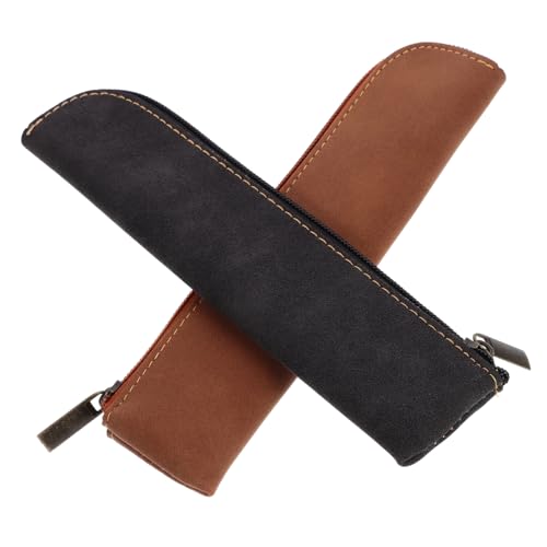 HIAKDOFT 2 Stück PU Stifttasche mit Reißverschluss Robuste Kosmetiktasche für Stifte und Kosmetik Ästhetische Tragbare Federmäppchen für Damen und Schwarz und Braun von HIAKDOFT