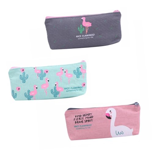 HIAKDOFT 3 Stück Canvas Federmäppchen Flamingo Design Große Kapazität Robuste Schüler Stifttasche mit Reißverschluss Einfache Praktische Aufbewahrung für Stifte und Zufällige Farbe von HIAKDOFT