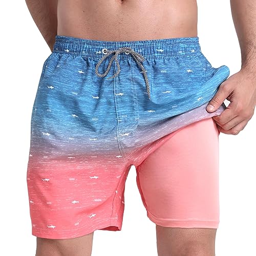 HIALTODAY Badehose Badeshorts Herren Lang Schnelltrocknend, Blau Rosa Schwimmhose Boardshorts für Männer mit Mesh-Futter und Verstellbarem Tunnelzug Schwimmen Strand Surfen von HIALTODAY