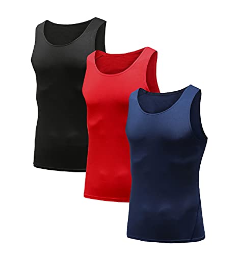 HIBETY Ärmelloses Kompressions-Tanktop für Herren, Baselayer, kühles und trockenes Kompressions-Shirt, Muskeltraining, 3 oder 5 Stück, 3er-Pack (Schwarz/Blau/Rot), Klein von HIBETY