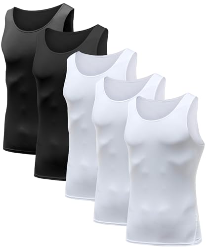 HIBETY Ärmelloses Kompressions-Tanktop für Herren, Baselayer, kühles und trockenes Kompressions-Shirt, Muskeltraining, 3 oder 5 Stück, 5er-Pack (Schwarz/Weiß/Weiß/Weiß), XL von HIBETY