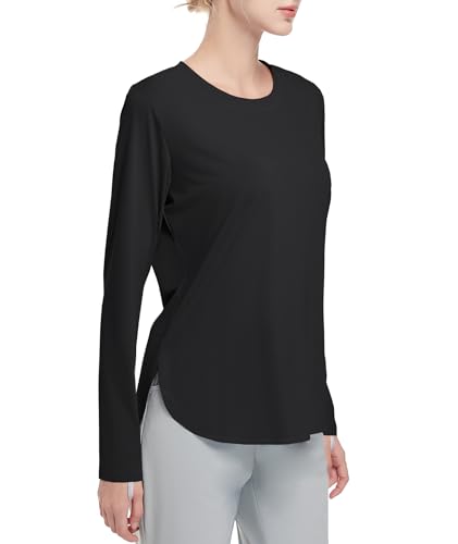 HIBETY Damen Langarm-Shirts UPF 50+ Sun Shirts Workout Athletic Tops Leichte schnell trocknende Outdoor Wandern Yoga Gym Active Tees Black 2XL von HIBETY