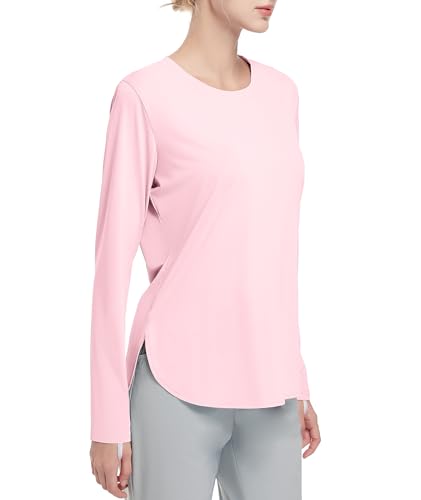 HIBETY Damen Langarm-Shirts UPF 50+ Sun Shirts Workout Athletic Tops Leichte schnell trocknende Outdoor Wandern Yoga Gym Active Tees Pink L von HIBETY