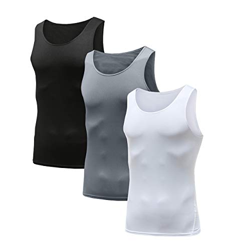 HIBETY Ärmelloses Kompressions-Tanktop für Herren, 3er- oder 4er- oder 5er-Pack, Basisschicht, kühl, trocken, Kompressions-Shirts, Muskel-Tank-Tops, 3er-Pack (Schwarz/Grau/Weiß), Klein von HIBETY