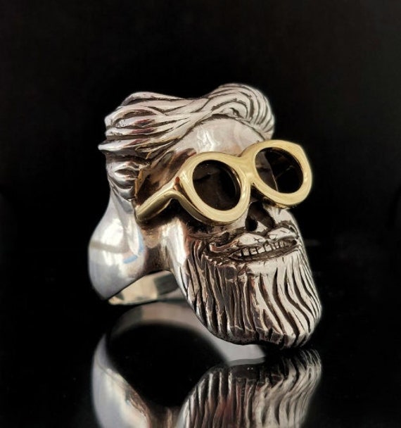 Schädel Ring, Bärtiger Cooler Biker, Rock, Gothic, Brutalist Herren Schmuck, Statement Sonnenbrille Totenkopf 3D Ring von HibseaJewels