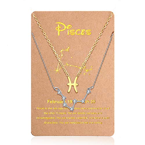 2 Stück 12 Sternbild Halskette Gold Konstellation Tierkreis Anhänger Halskette, Silber Astrologie Horoskop Zeichen Kette mit Sternbild Karte für Damen (Pisces) von HICARER