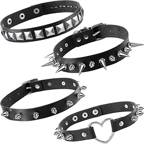 HICARER 4 Stück Damen Herren Kühl Punk Halsband Gotisch Spitze Herzform Biker Halsband PU Leder Halsband Nieten Rock Halskette (Schwarz) von HICARER