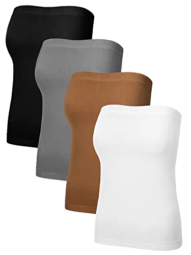 4er-Pack Damen Tube Top, lange trägerlose Tops, mehrfarbig, Basic, Stretch, langes Bandeau-Top für Mädchen, Frauen, Erwachsene, Schwarz, Weiß, Kaffeefarben, Grau, Mittel von HICARER