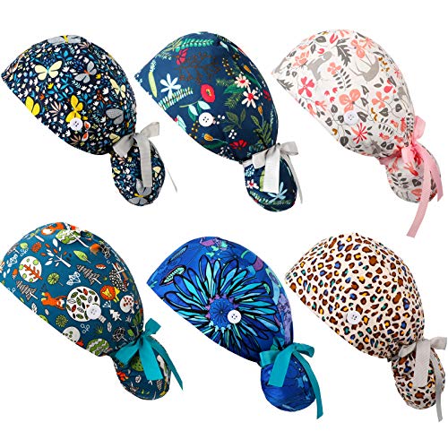 6 Stück Verstellbare Lange Haar Kappen Baumwolle Hüte mit 2 Knöpfen Schweißband Tie Back Hüte für Frauen Wald Schmetterling Libelle Leopard Print Rosa Blume Blau Blume von HICARER