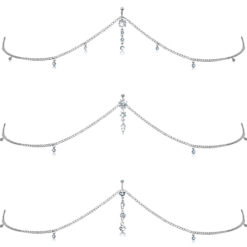 3 Stück Strass Körperketten Frauen Bauchnabel Ringe mit Ketten Silber Taille Bauchketten Strass Kristall Taillenketten Bikini Ketten Strand Körper Schmuck für Damen (Silber) von HICARER