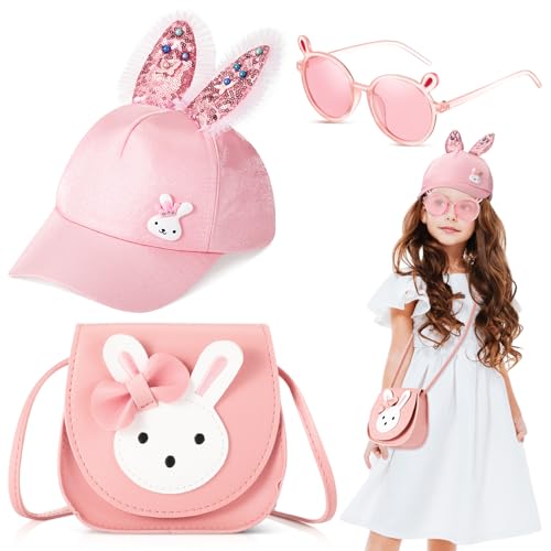 HICARER 3 Teiliges Set Rosa Sommeraccessoires für Mädchen Kinder Umhängetasche Hasenohren Sonnenbrille Baseball Kappe mit Hasenohren für Kleinkinder Urlaub Geburtstag Geschenk von HICARER