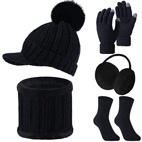 HICARER 5 Stück Warm Winter Damen Ski Set Strick Bommelmütze Schal Ohrenschützer Touchscreen Handschuhe Dick Fleece (Schwarz) von HICARER