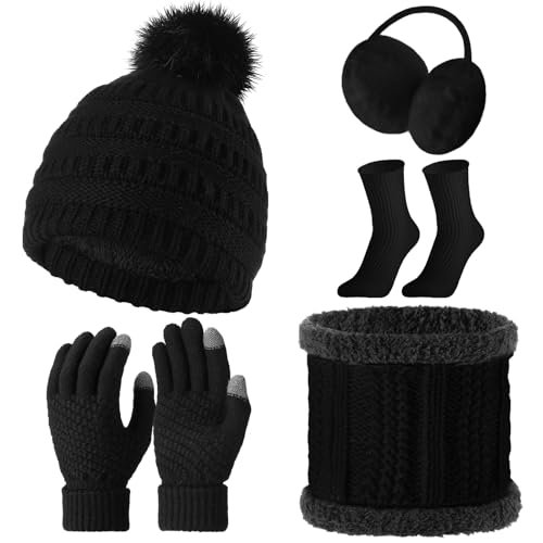 HICARER 5 Stück Damen Winter Ski Set Mütze Schal Handschuhe Ohrenschützer Strümpfe (Schwarz, Niedlicher Stil) von HICARER