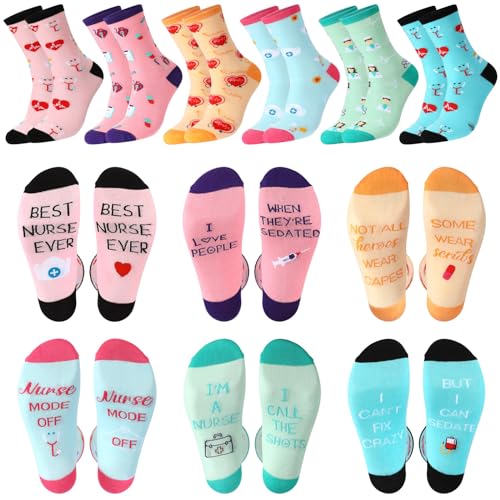 HICARER 6 Paar Fun Socken für Damen Lustige Socken mit Spruch für Krankenschwester Arzt Baumwollsocken Geschenke, Größe 39-46 von HICARER