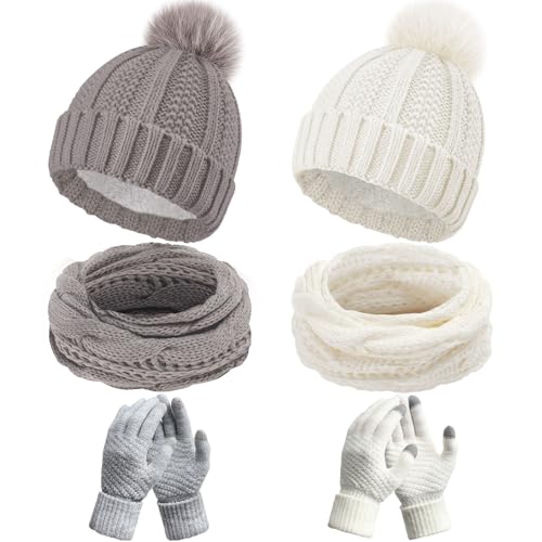 HICARER 6 Stück Winter Mütze Schal Handschuhe Sets Strickmützen mit Bommel Touchscreen Handschuhe Schlauchschals (Weiß, Grau) von HICARER