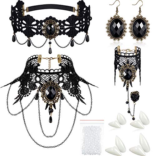 8 Stück Halloween Vampir Zähne Reißzähne Halsband Ohrringe Armbänder Gotisch Kostüm Schmuck für Viktorianische Vampir Halloween Party, Zombie Cosplay Party Zubehör von HICARER
