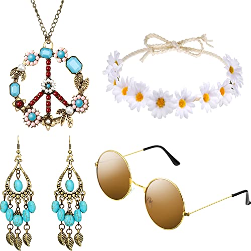 HICARER Hippie Kostüm Set mit Sonnenbrille, Stirnband, Friedenszeichen Halskette und Ohrring (Türkisfarbener Stil) von HICARER