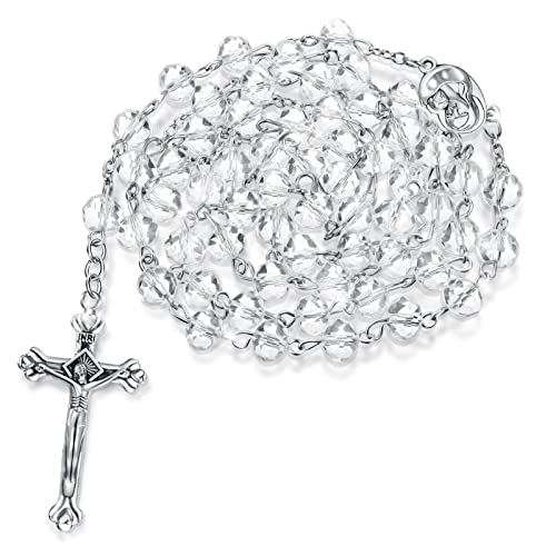 HICARER Katholische Rosenkranz Kette aus Bergkristall Christliches Kreuz Kette Weißes Klares Glas Geschenke zur Erstkommunion mit Lange Kette für Damen Herren Mädchen Jungen von HICARER