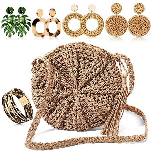 HICARER Stroh Umhängetaschen Set Strand Clutch Geldbörse Urlaub Geldbörse mit 2 Paar Rattan Boho Urlaub Ohrringe 2 Paar Tropische Ohrringe für Damen Leoparden Armband Zubehör (Runden) von HICARER