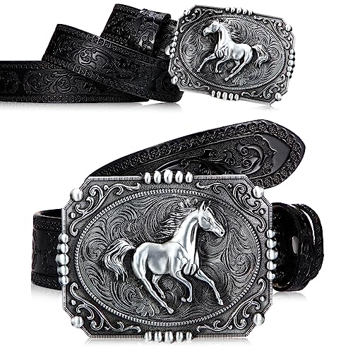 HICARER Cowboy Gürtel Herren Westerngürtel mit Gravierter Gürtelschnalle Pferd Ledergürtel Rodeo Country Gürtel Western Kostüm Accessoires (Schwarz) von HICARER