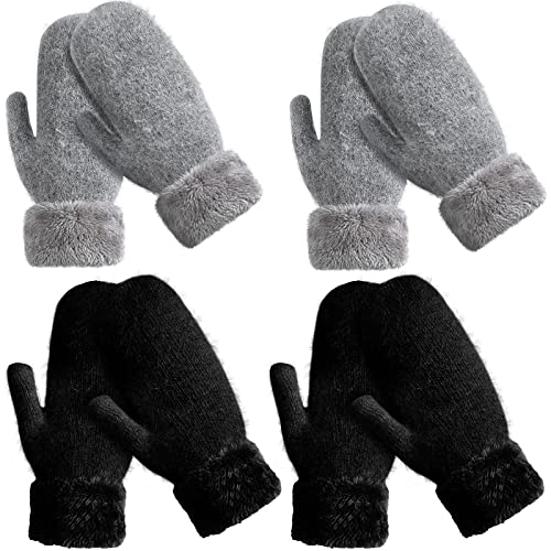 Hicarer 4 Paar Damen-Winter-Fäustlinge für Damen, Erwachsene, Damen, Strickhandschuhe, warme Fleece-Fäustlinge, doppelte Wollhandschuhe, Schwarz, Dunkelgrau, Double Layer von HICARER