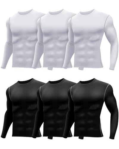 Hicarer 6 Pack Herren Athletic Compression Shirts Dry Athletic Workout Running Shirts Langarm Top Sport Shirts, Weiße, schwarze und graue Linie, XL von HICARER