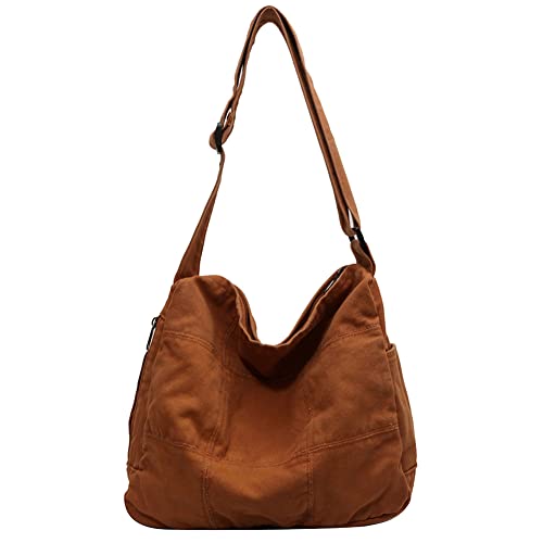 HICARRY Canvas Tasche Damen Canvas Tote Bag Aesthetic Segeltuch Hobo Bag Umhängetasche Damen Gross Casual Schultertasche Beuteltasche Stofftasche Cord Tasche Herren, Braun von HICARRY