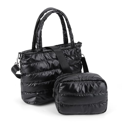 HICARRY Gesteppte Tasche Damen Groß Puffer Bag mit Kosmetiktasche Stepptasche Winter Handtasche Damen Umhängetasche Fluffy Tote Bag Hohes Volumen Shopper Crossbody Bag Schultertasche von HICARRY