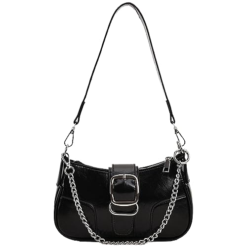 HICARRY Kleine Handtasche mit Kette Coole Y2k Tasche Klein PU Leder Schultertasche Damen Handtasche Teenager Mädchen Umhängetasche Damen Schwarz Shoulder Bag für Dating, Alltag, Geschenke von HICARRY