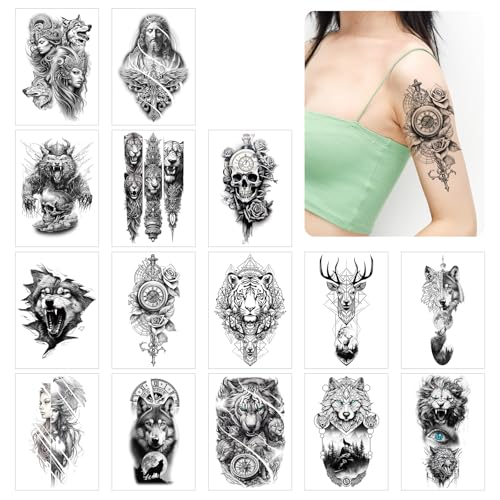 HICOHAND Blume Arm Tattoo Aufkleber, 15 PCS Temporäre Tattoos Fake Blume Semi Permanent Half Arm Ärmel Bunte temporäre Tattoos Für Männer Frauen Erwachsene von HICOHAND
