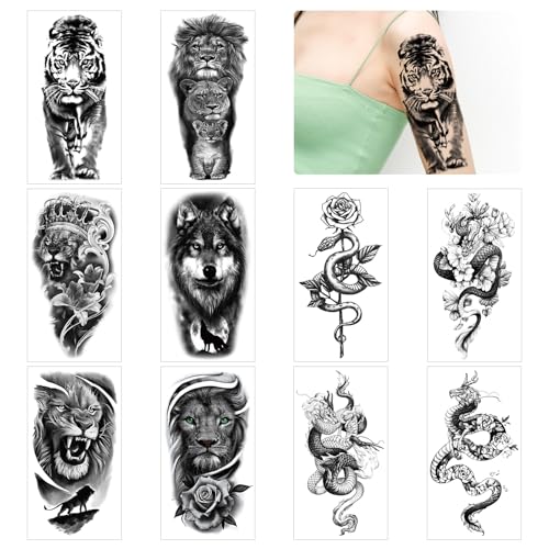 HICOHAND Flower Arm Tattoo Sticker, 10 PCS Cool Dragon und Lion Temporary Tattoos Gefälschte Blume Semi Permanent Half Arm Sleeve Animal Temporäre Tattoos für Männer Frauen Erwachsene von HICOHAND