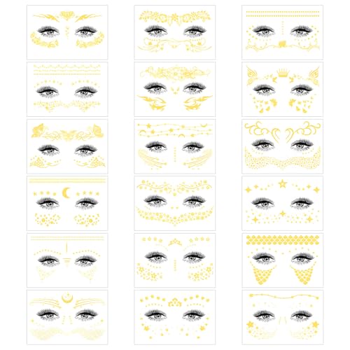 HICOHAND Gesicht temporäre Tattoos, 18PCS 150mm*105mm/5.9in*4.13in Gesicht Aufkleber Gold Metallische temporäre Transfer Glitter gefälschte Tattoos für Frauen Mädchen Make-up Tänzer Kostüm Parteien von HICOHAND