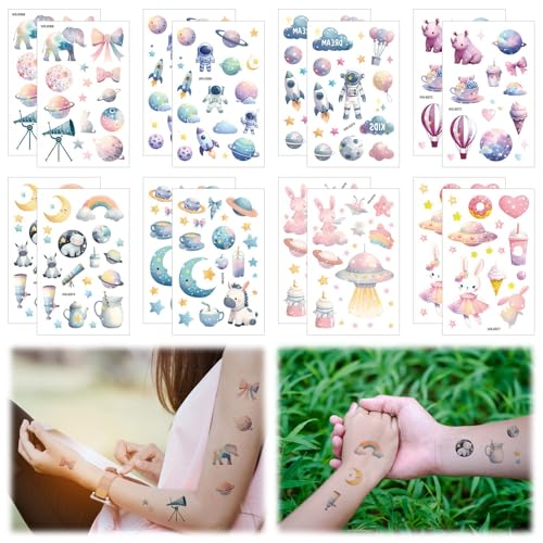 HICOHAND Glitter Temporäre Tattoo Aufkleber,16 PCS Dazzling Planet Regenbogen Thema Temporäre Tattoo Aufkleber in Tattoos für Frauen Mädchen Langanhaltende entfernbare Tattoo Aufkleber von HICOHAND