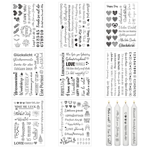 HICOHAND Kerze Tattoos, 8 PCS wasserdichter Film Aufkleber Geburtstag Thema Tattoo für Kerzen Tassen DIY Geschenk Kerze Zeichen Kerze Dekoration von HICOHAND
