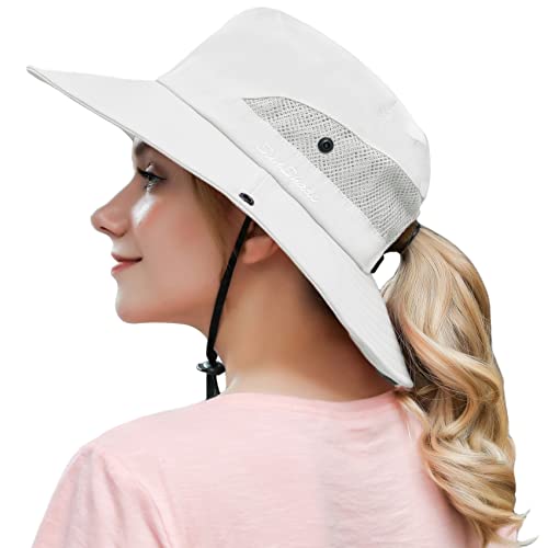 Damen Outdoor Sommer Sonnenhut UV-Schutz Breite Krempe Faltbare Angelhüte mit Pferdeschwanzloch, Pure Beige, Einheitsgröße Damen Outdoor Sommer Sonnenhut UV-Schutz Breite Krempe Faltbare Angelhüte mit Pferdeschwanzloch, Pure Beige, Einheitsgröße von HICOSKY