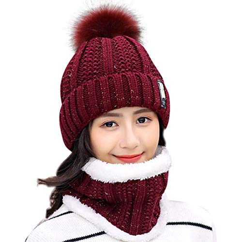 HIDARLING Damen Wintermütze Pom Pom Pom Skibommelmütze Strickmütze mit Fleece-Innenfutter Gr. M, Burgunderrot von HIDARLING