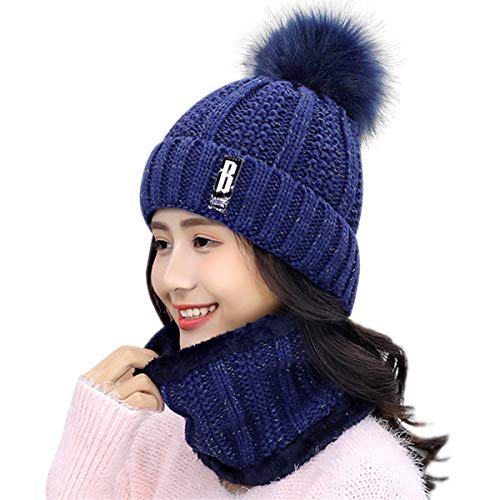 HIDARLING Damen Wintermütze Pom Pom Pom Skibommelmütze Strickmütze mit Fleece-Innenfutter Gr. M, Navy von HIDARLING