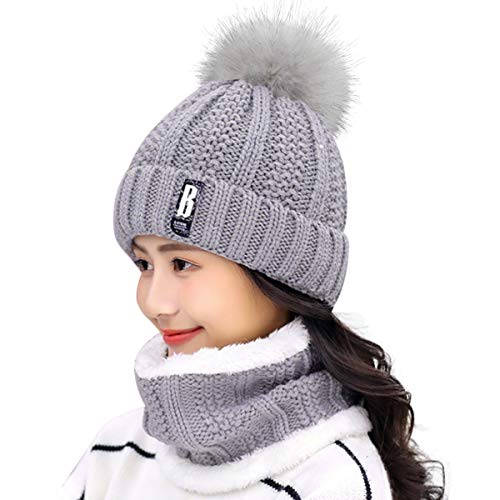 HIDARLING Winter Beanie Mütze und Kreis Schal Set für Frauen Warme Strickmütze mit Kunstpelz Bommel Pom Pom und Fleece Futter Outdoor Sport Hüte, hellgrau von HIDARLING