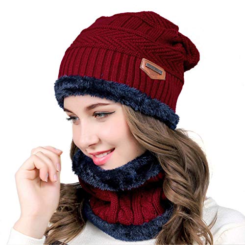 HIDARLING Mütze und Schal 2 in1 Winter Warme Beanie Hut Loop-Schal Set Strickmütze mit Fleecefutter für Frauen & Männer (Rotwein) von HIDARLING