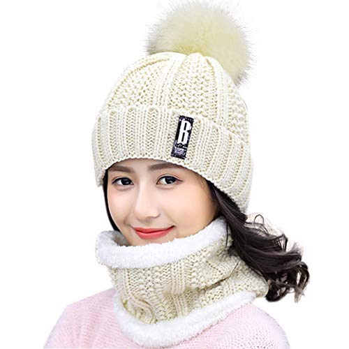 HIDARLING Winter Beanie Mütze und Kreis Schal Set für Damen Warme Strickmütze mit Kunstfell Bommel Pom und Fleece Futter Outdoor Sport Hüte, beige, M von HIDARLING