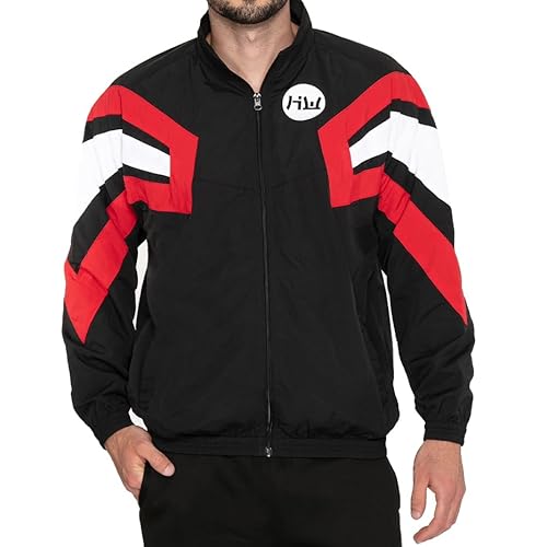 HIDETOSHI WAKASHIMA Hakodate Herren Sport Freizeit Retro Jacke Trainingsjacke mit Kapuze, Colorblock-Design, in Regular Fit (as3, alpha, x_l, regular, regular, schwarz) von HIDETOSHI WAKASHIMA