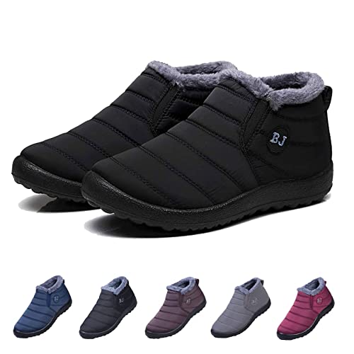 Boojoy Winter Boots, Winter Warm Anti-slip Ankle Booties, Waterproof Slip on Outdoor Fur Lined Snow Shoes for Women (35, Black) von HIDRUO