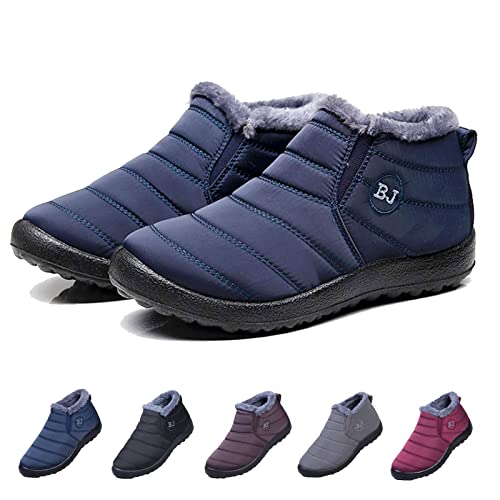 Boojoy Winter Boots, Winter Warm Anti-slip Ankle Booties, Waterproof Slip on Outdoor Fur Lined Snow Shoes for Women (37, Blue) von HIDRUO