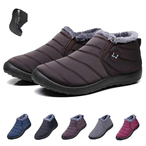 Boojoy Winter Boots-Winter Warm Booties Fur Lined Anti-Slip Ankle Outdoor Slip On Waterproof Booties Comfortable Warm (Coffee, Women 9 / Men 7.5) von HIDRUO