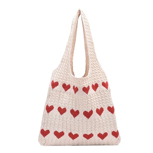 HIDRUO Crochet Tote Bag Heart Tote Heart-shaped Beach Handbags Knit Vacation Aesthetic Casual Love Hobo Bag (Apricot) von HIDRUO