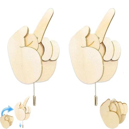 HIDRUO Funny Wooden Finger Brooch, Handmade Flippable Interactive Mood Expressing Pin, Finger Pin DIY Kit for Men Women Funny Pins for Clothes Bag (2pcs) von HIDRUO